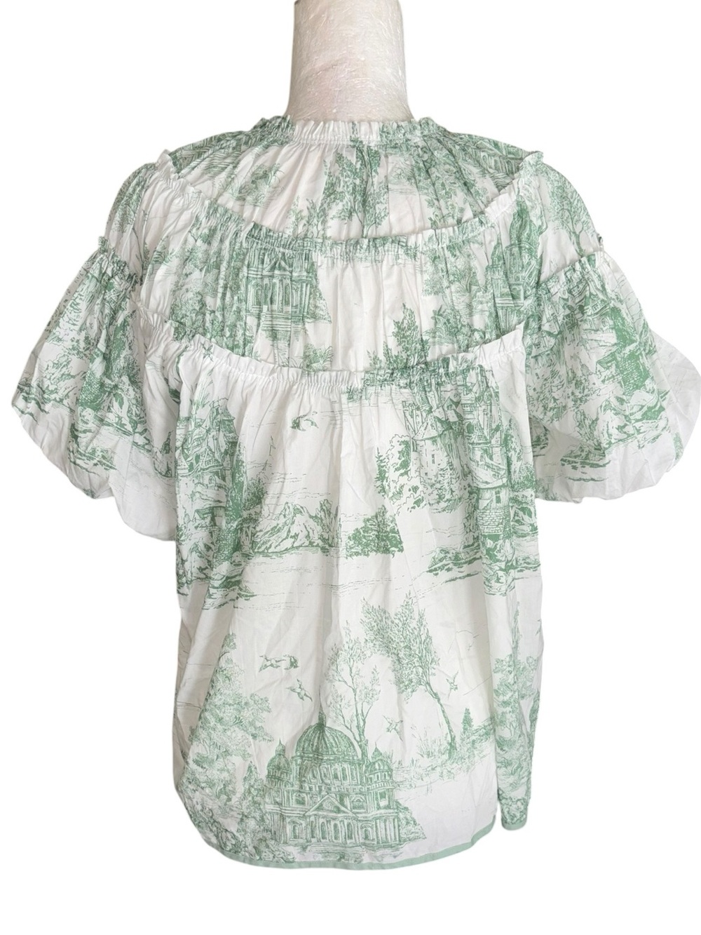 LN Umgee Green White Toile Print Puff Sleeve Poplin Blouse in Sea Green - S - Picture 7 of 13